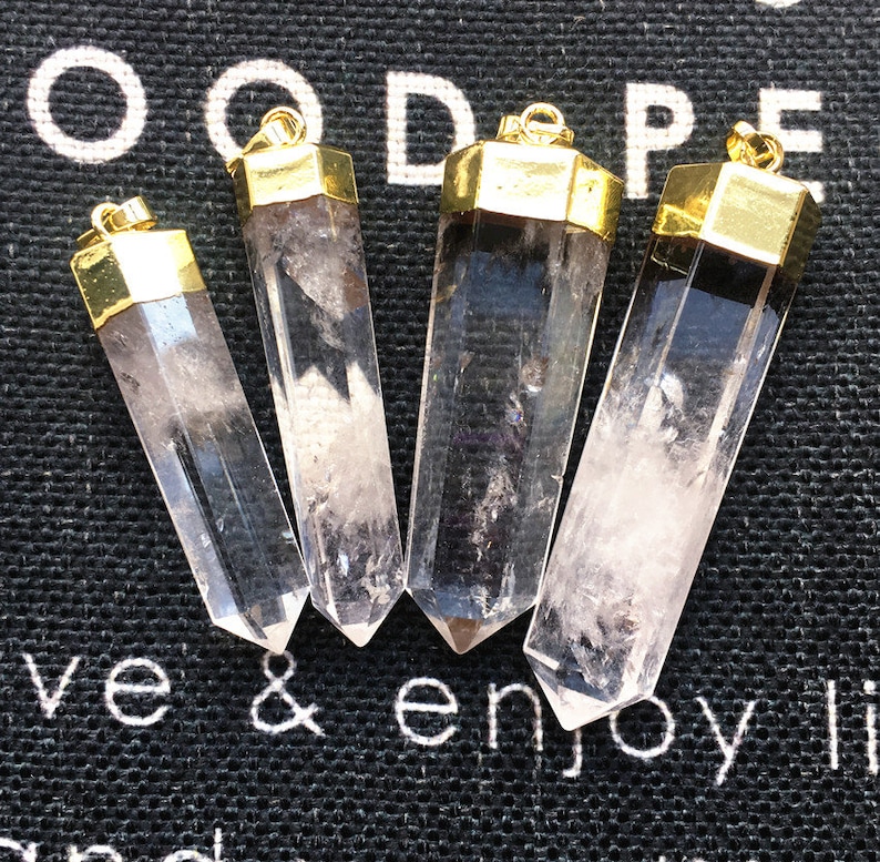 Raw Rock Crystal Point Pendant Natural Beautiful Crystal Gold Electroplated Pendant PC-0382