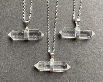 Silver Crystal Necklace, Rock Quartz Double Terminated Point, Gold Crystal Points, Natural stone, Healing Crystal Single Bail Charms D2F8_09