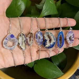 Silver Bracelet, Mixed Blue Rainbow Color Geode Druzy bracelet, Silver Agate Geode Slice Druzy Chain bracelet adjustable for Women Ladies