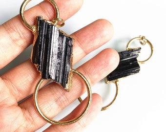 Double Ring with Large RAW Natural Black Tourmaline Charm Pendant - Raw Black Tourmaline Connector with Gold Electroplated