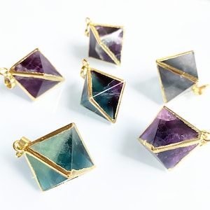 Large Beautiful Fluorite Necklace, Rainbow Fluorite Stone Dice Pendant with Gold Electroplated Bails FS02_1