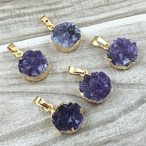 Natural Amethyst Druzy Crystal Quartz Station Round Pendant With Electroplated 24k Gold Edge