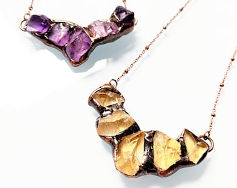 5 Raw Gemstone, Amethyst, Citrine Crystal Quartz with Antique Rose Gold Plated, 5 Quartz Gemstone Pendant Necklace Fashion Jewelry