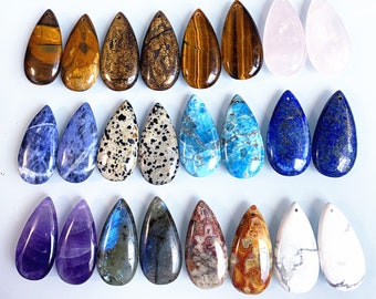 11 Gemstones Large Teardrop Shaped Healing Crystal Quartz with Hole, Tiger Eyes, Blue Apatite, Natural Charms for DIY Jewelry Making