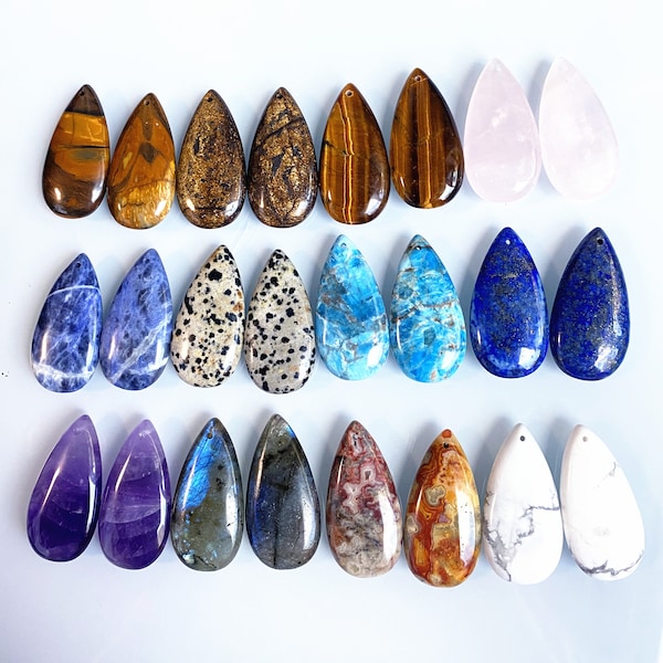11 Gemstones Large Teardrop Shaped Healing Crystal Quartz with Hole, Tiger Eyes, Blue Apatite, Natural Charms for DIY Jewelry Making