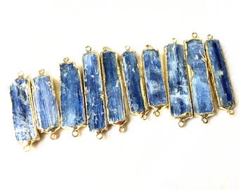 Blue Kyanite Pendant Connector, Raw Kyanite Charm Double Bail with Gold Electroplated Cap, Gold Kyanite Jewelry (SD5A10)
