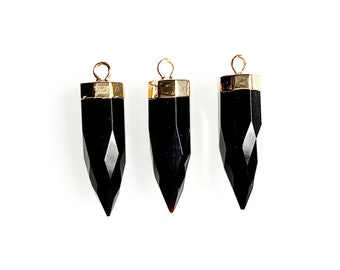 Natural Black Agate Petite Spike Point Pendant Charm with 24k gold electroplated cap - Agate Druzy spike pendant (SG48_04)