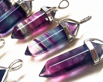 ON SALE Rainbow Fluorite Stone Healing Double Terminated Point Pendant With Silver Plated Bail // Natural stone Pencil Point Pendant