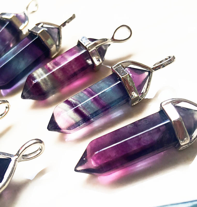 ON SALE Rainbow Fluorite Stone Healing Double Terminated Point Pendant With Silver Plated Bail // Natural stone Pencil Point Pendant