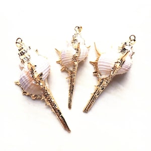SALE Natural Large Long Sea Shell Pendant - Beige Conch Shells Beach Shell Pendant Necklace Electroplated in Gold (S81U21_22)