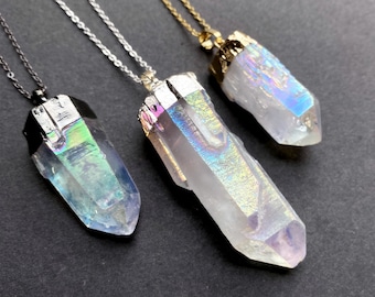 Raw Angel Aura Crystal Quartz Point Pendant with Electroplated Gold, Silver Plated, Gunmetal Plated Quartz Points Pendant Necklace Jewelry