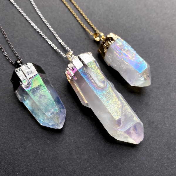 Raw Angel Aura Crystal Quartz Point Pendant with Electroplated Gold, Silver Plated, Gunmetal Plated Quartz Points Pendant Necklace Jewelry