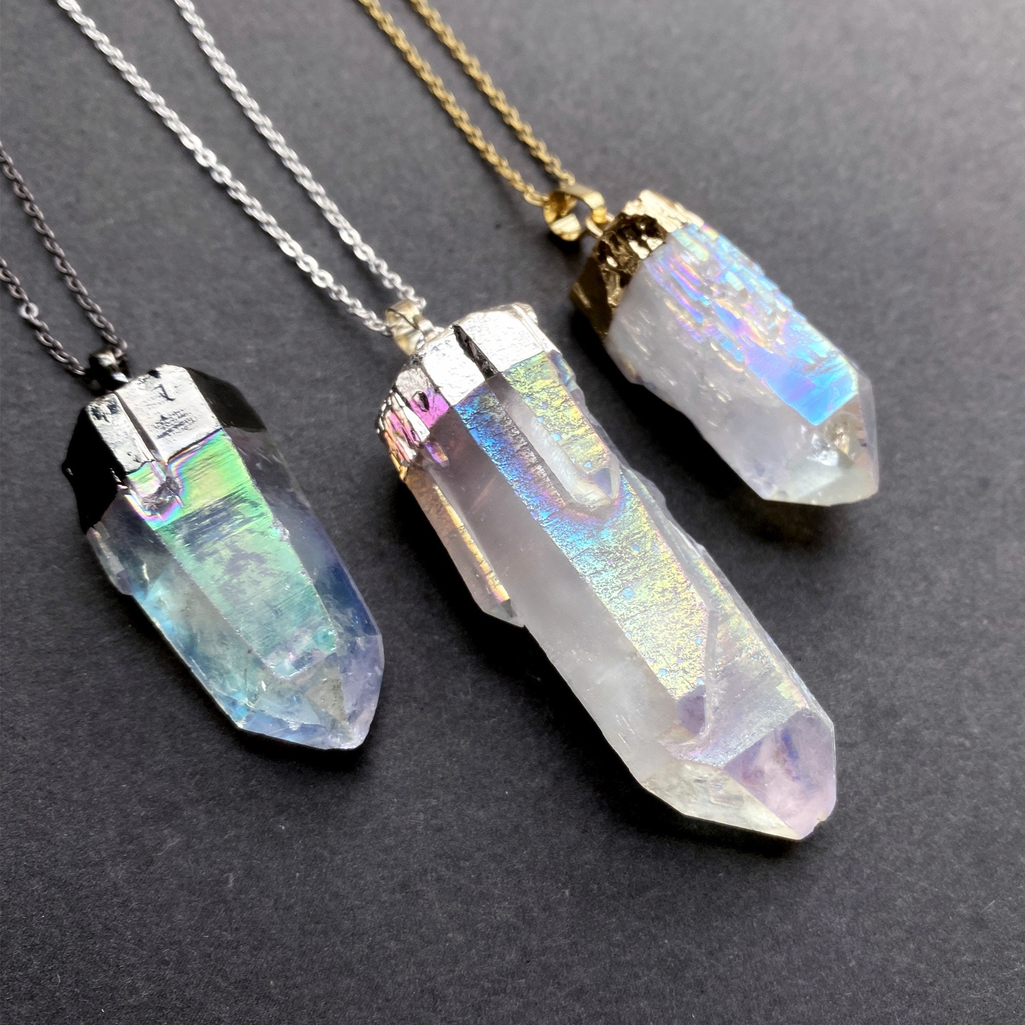 Raw Angel Aura Crystal Quartz Point Pendant with Electroplated Gold, …