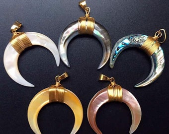 Black/Yellow/White/Flesh Pink/Abalone Shell Crescent Double Horn Pendant with Gold Electroplated Trim and Bail