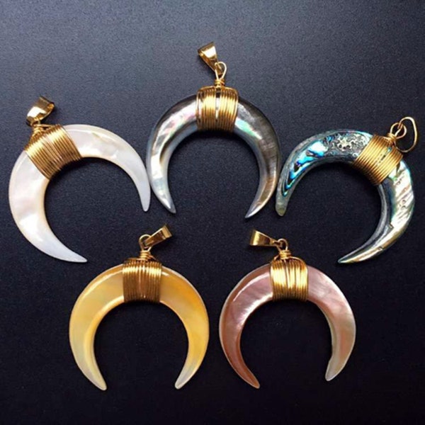 Black/Yellow/White/Flesh Pink/Abalone Shell Crescent Double Horn Pendant with Gold Electroplated Trim and Bail