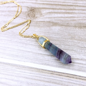 New Arrival! Rainbow Fluorite Stone Healing Point Pendant With Gold Plated Bail // Pencil Point Pendant Neclace