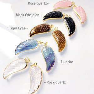 Natural Gemstone Wing Pendant Necklace, Fluorite, Black Obsidian, Rose Quartz, Tiger Eyes Angel Wing Crystal with Gold Electroplated Edges