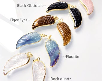 Natural Gemstone Wing Pendant Necklace, Fluorite, Black Obsidian, Rose Quartz, Tiger Eyes Angel Wing Crystal with Gold Electroplated Edges