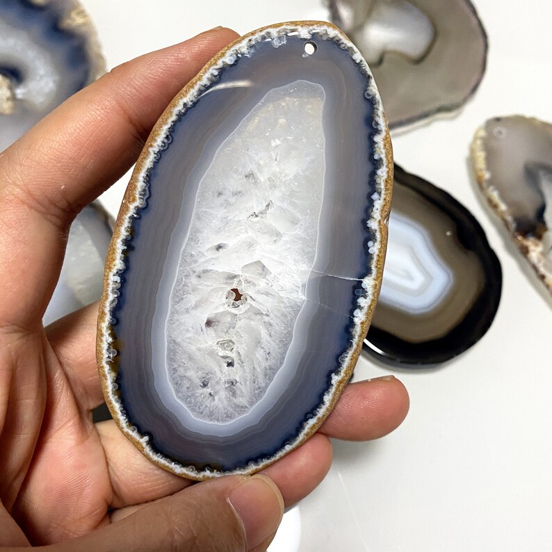 Natural Grey Black Agate Geode Slice Druzy Drusy Druzzy With 2MM Hole ...