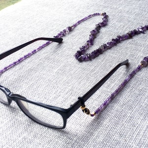 Eyeglasses Chain, Amethyst Glasses Chain, Beaded Amethyst Healing Crystal Quartz Sunglasses Chain Necklace, Gold Beaded Chain