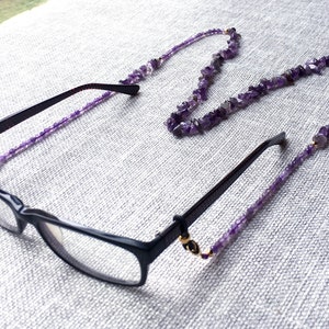 Gafas Cadena, Cadena de gafas de amatista, amatista con cuentas sana cristal gafas de sol de cuarzo collar, cadena de cuentas de oro