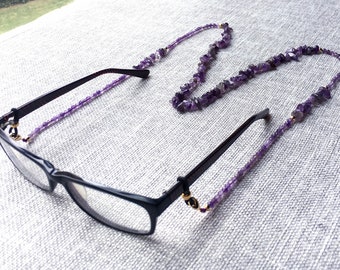 Eyeglasses Chain, Amethyst Glasses Chain, Beaded Amethyst Healing Crystal Quartz Sunglasses Chain Necklace, Gold Beaded Chain