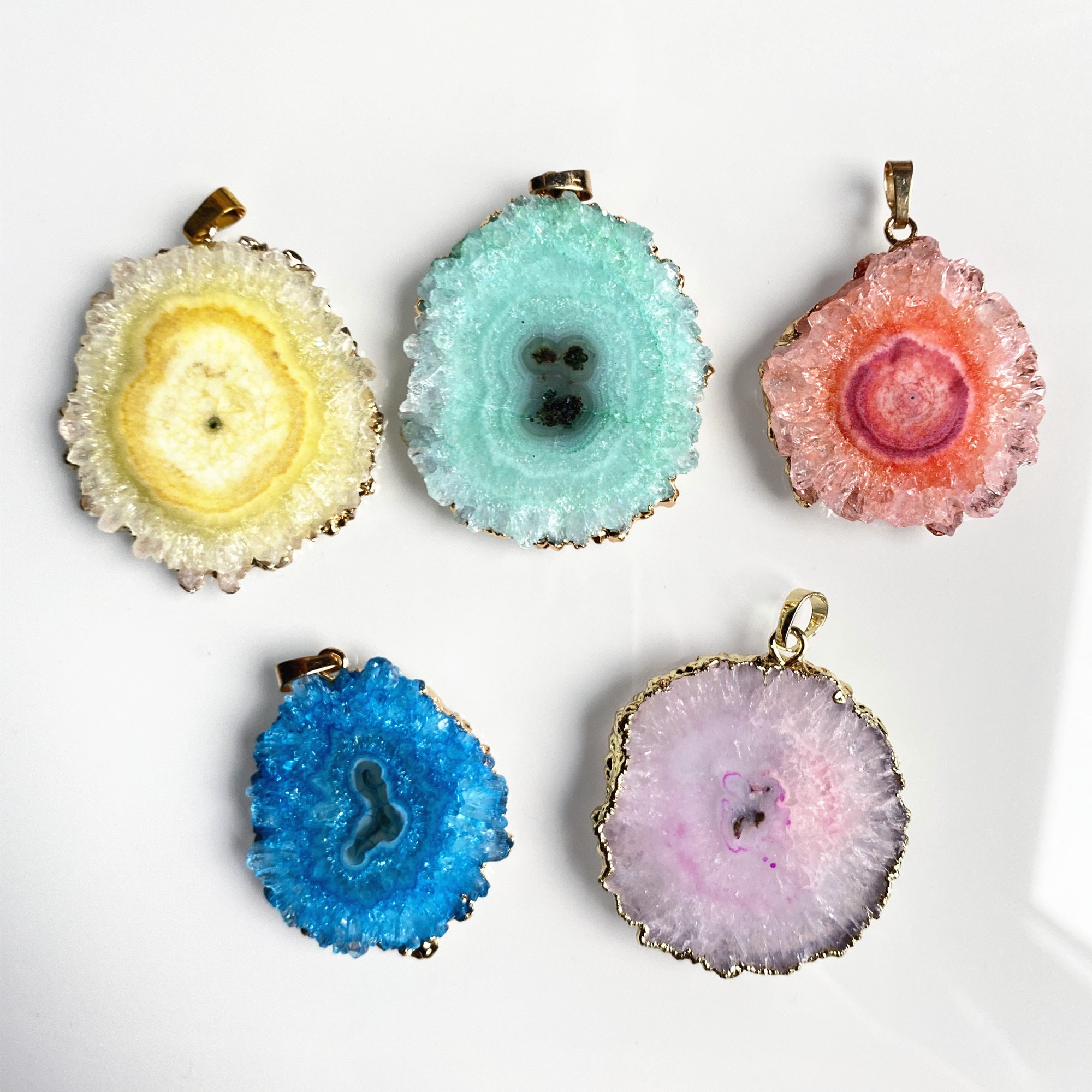 Mystical Solar White, Yellow, Green, Pink, Blue Geode Slice Druzy Crystal Quartz Gemstone Pendant Charm Necklace with Gold Electroplated
