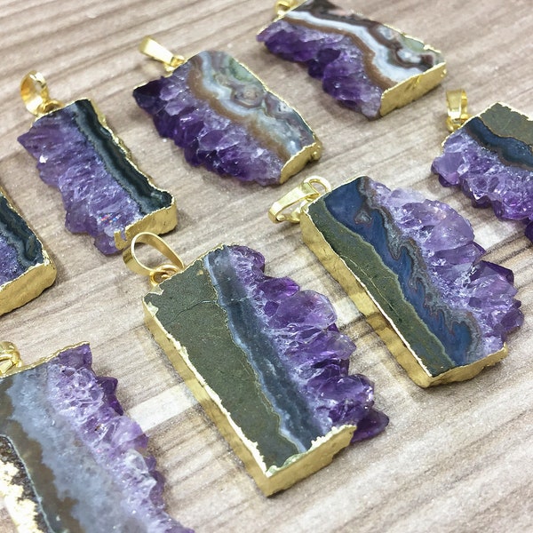 Beautiful Natural Amethyst slice Pendants // Gold Amethyst Druzy Necklace // Raw Amethyst Agate Pendant // Irregular stone jewelry B985