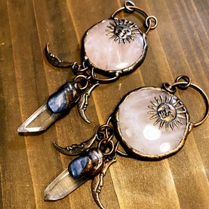 Large Rose Quartz Connector with Blue Kyanite Quartz Pendant, Antique Rose Gold Plated Moon Pink Crystal Pendant Healing Crystal Gemstone
