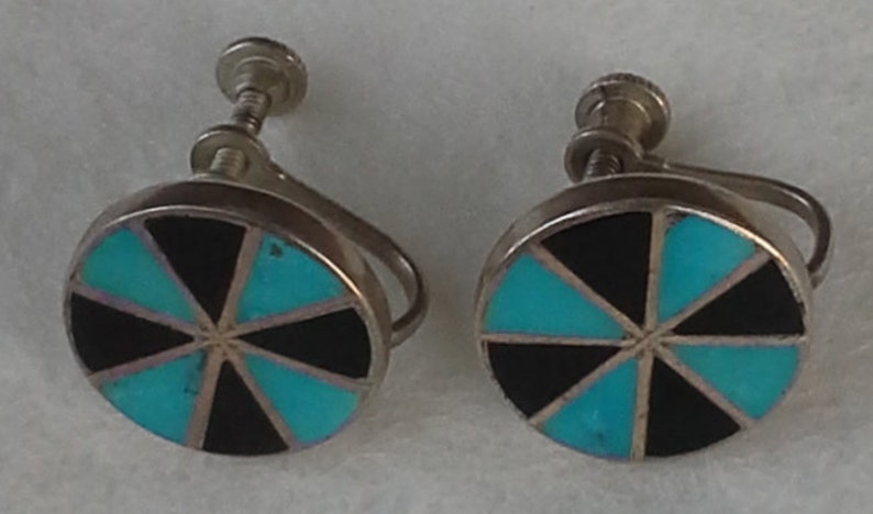 with inlay of turquoise and onyx Vintage native american round screw back earrings sterling silver