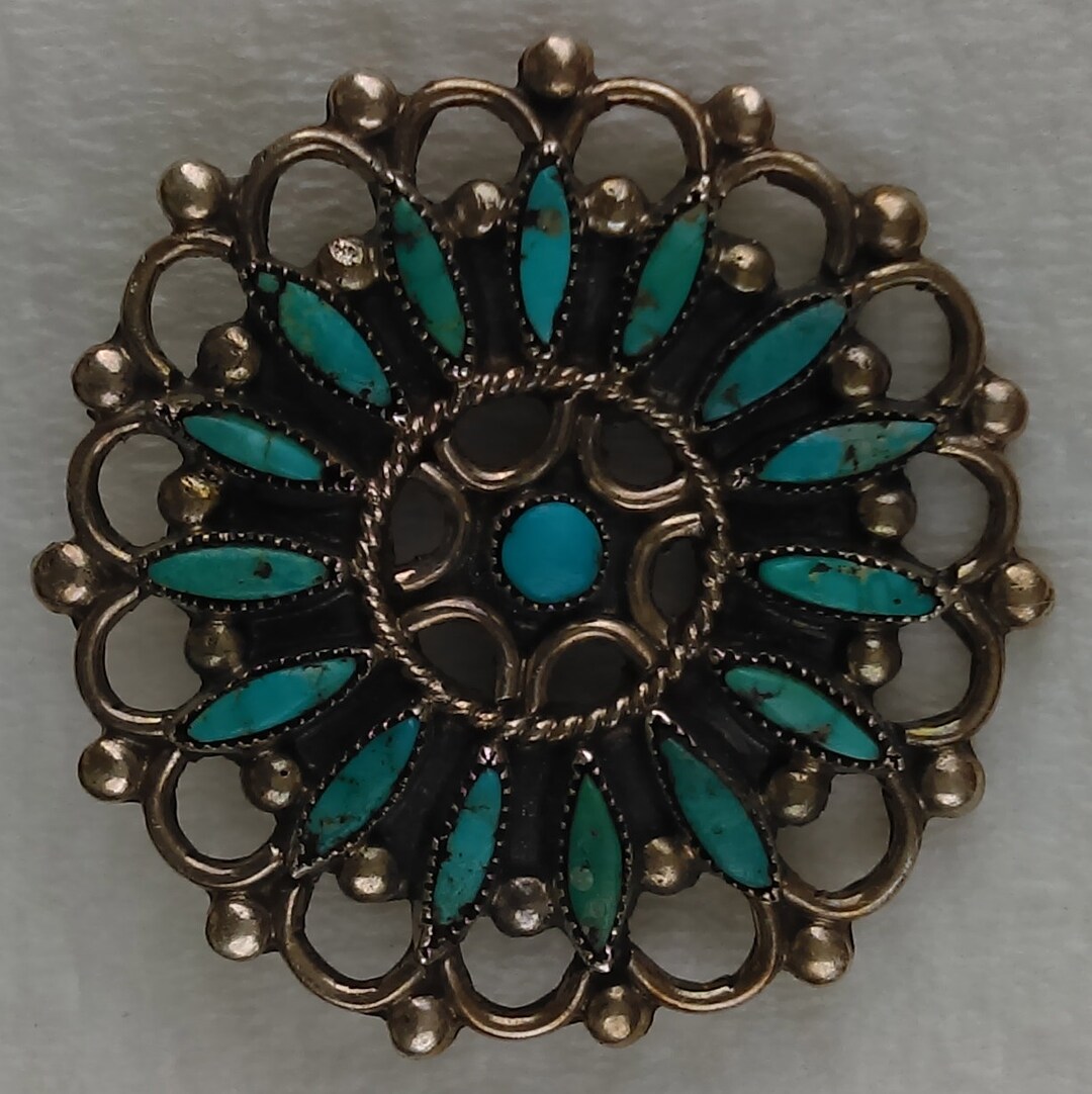 Vintage Zuni Needlepoint Round Pin/brooch Natural Turquoise - Etsy