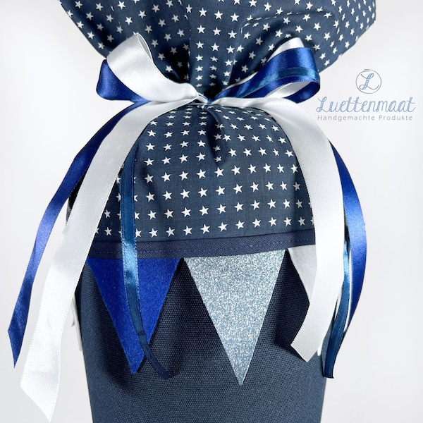 Set Wimpelkette für Schultüten oder als Dekoration mit Schrägband + Zierband und Schleifenband blau-weiss-glitzer