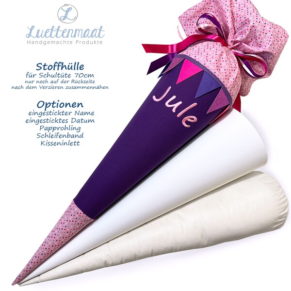 Stoffhülle für Schultüte (70cm) Zuckertüte aus Baumwolle lila mit rosa bunte punkte