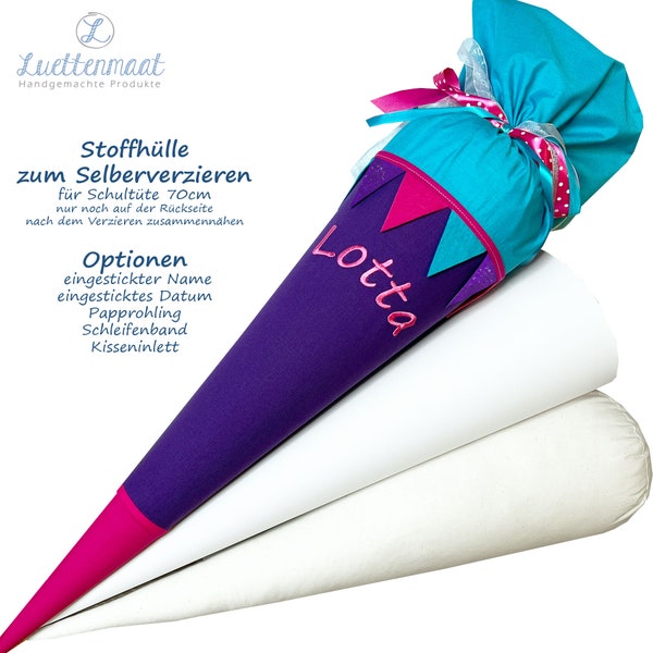 Stoffhülle für Schultüte (70cm) Zuckertüte aus Baumwolle Lila Pink türkis Stoff Kissen