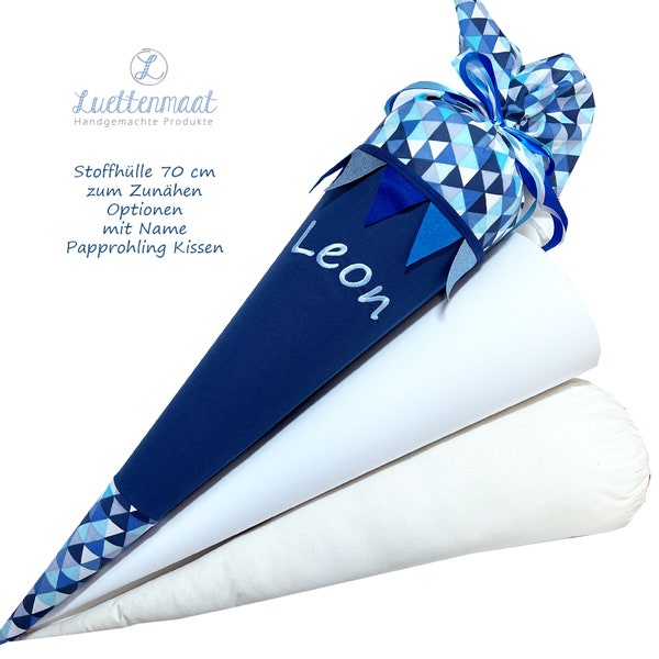 Stoffhülle für Schultüte (70cm) Zuckertüte aus Baumwolle blau und Muster mit Dreiecke