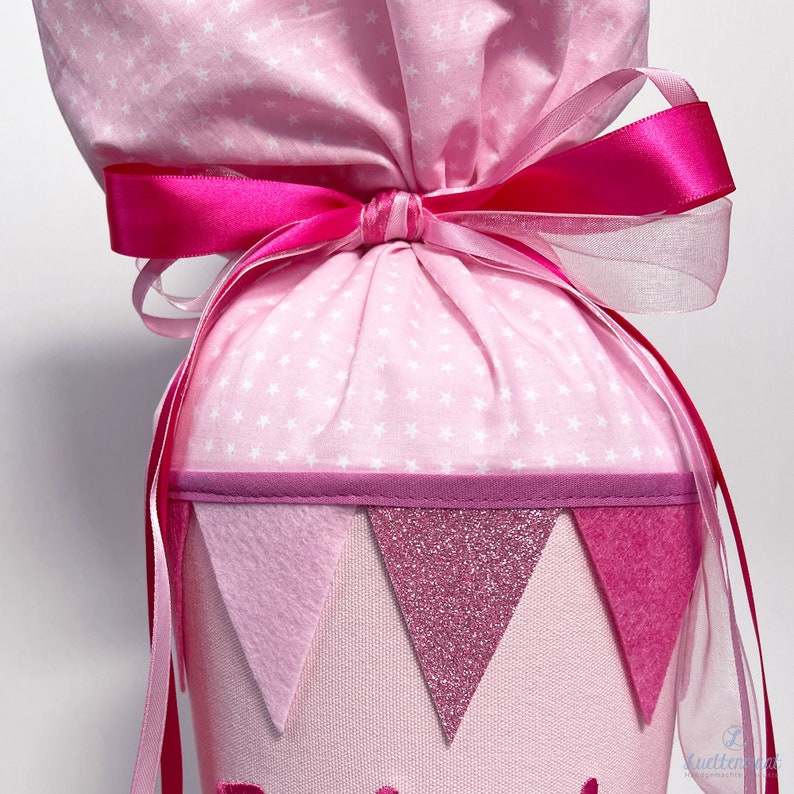 Wimpelkette für Schultüten oder als Dekoration mit Schrägband Zierband und Schleifenband girlande rosa pink-lila-glitzer Bild 6