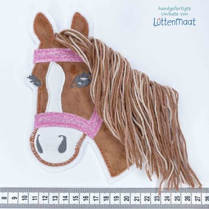 XL horse pony with glitter bridle iron-on, application, patch for school cone pink