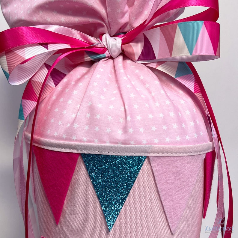 Wimpelkette für Schultüten oder als Dekoration mit Schrägband Zierband und Schleifenband girlande rosa pink-lila-glitzer Bild 10