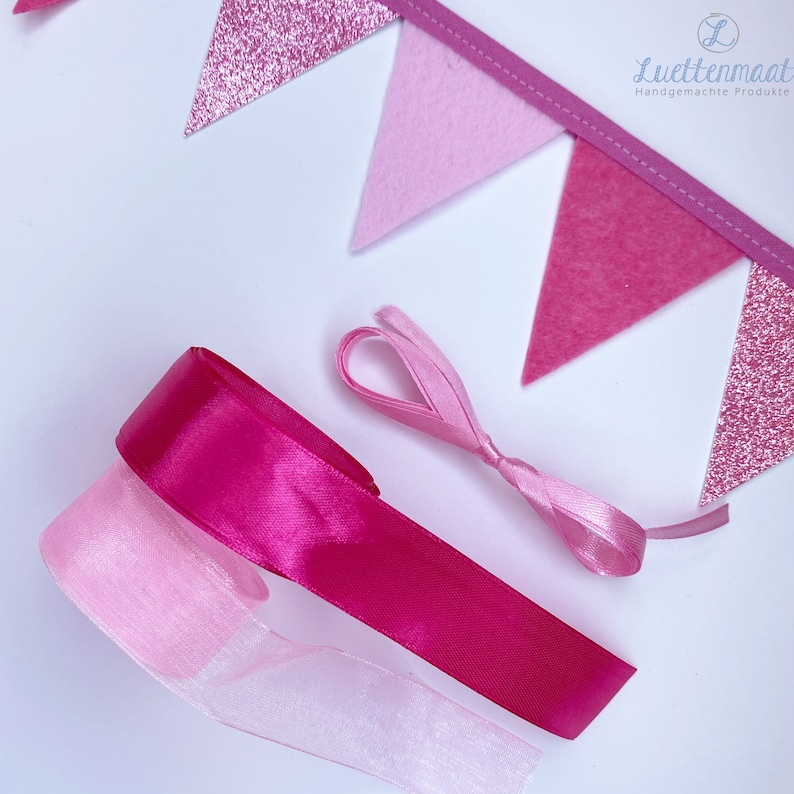 Wimpelkette für Schultüten oder als Dekoration mit Schrägband Zierband und Schleifenband girlande rosa pink-lila-glitzer Bild 8