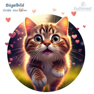 Könnte beinhalten: Ein süßes, braun-weißes Tabby-Kätzchen mit großen, grünen Augen schaut direkt in die Kamera, den Mund offen. Das Kätzchen rennt mit ausgestreckten Pfoten auf die Kamera zu. Der Hintergrund ist ein verschwommener Hintergrund aus rosa Herzen und goldenem Schein.