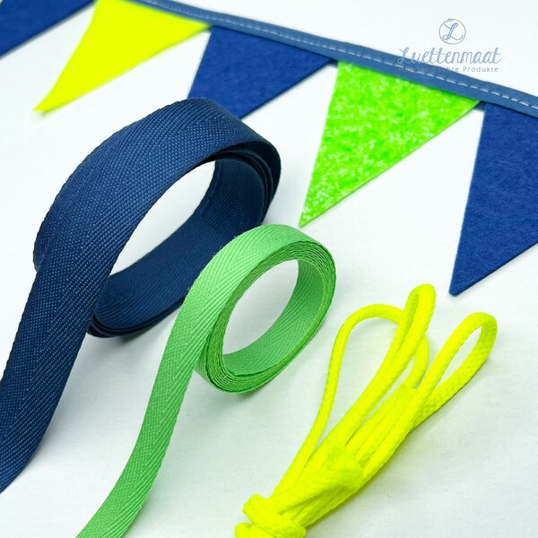 Set Wimpelkette neongrün-neongelb- blau  für Schultüten oder als Dekoration mit Schrägband + Zierband und Schleifenband