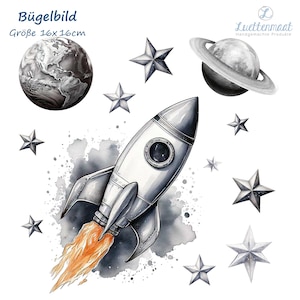 XL Bügelapplikation Rakete Universum Aufbügler, Applikation  für Schultüte