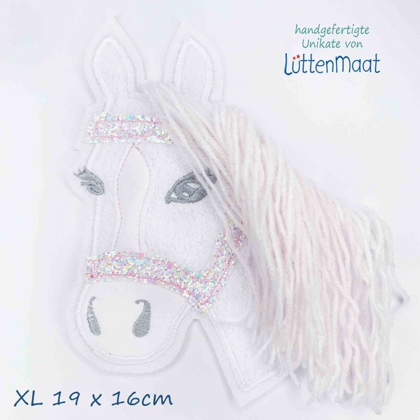 XL Pferd Pony weiß mit Glitzer Trense Aufbügler, Applikation, Aufnäher für Schultüte