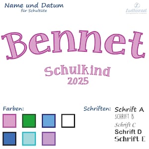 Könnte beinhalten: Grafikdesign mit dem Namen "Bennet" in rosa Schrift, darunter "Schulkind 2025". Das Design enthält Farbfelder und Schriftoptionen. Der Text oben lautet "Name und Datum für Schultüte".