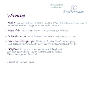 May include: A white and black text graphic with the word "Wichtig!" in bold, followed by a list of details about a product. The text includes information about the product's size, material, and options for customization. The text also includes contact information and social media handles.