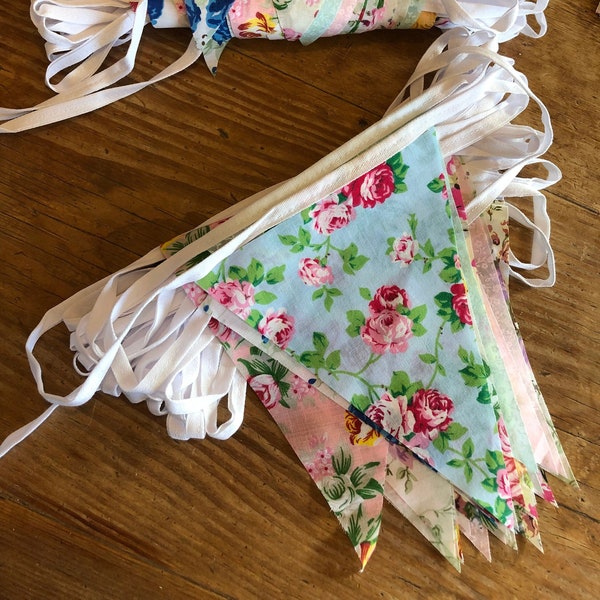 Fabric Bunting Wedding 40ft Vintage Shabby Handmade flower Garden Banner Christening Garden Party Fete, available in MINI. 1st Class Postage