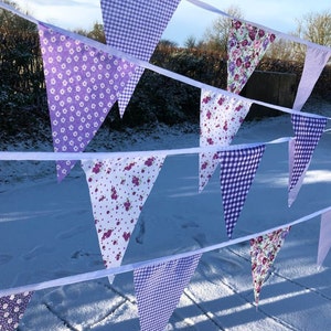 Fabric Bunting Wedding Vintage Shabby Handmade flower Garden Banner Christening Garden Party Fete 10ft/20ft/40ft/80ft/100ft/120ft/150ft mini Mix Lilacs/Purples