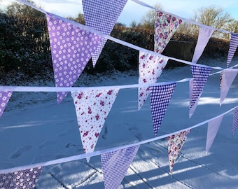 Fabric Bunting Wedding 40ft Vintage Shabby Handmade flower Garden Banner Christening Garden Party Fete, available in MINI. Lilac and Purple