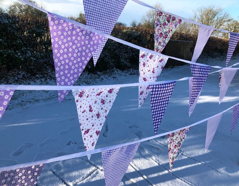 Fabric Bunting Wedding Vintage Shabby Handmade flower Garden Banner Christening Garden Party Fete 10ft/20ft/40ft/80ft/100ft/120ft/150ft mini Mix Lilacs/Purples