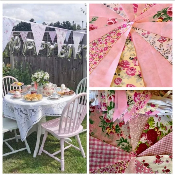 Fabric Bunting Wedding 3m,6m,12m,24m,36m 50m + Vintage PINK Shabby Handmade flower chic Garden Banner Wedding Christening Garden Party Fete